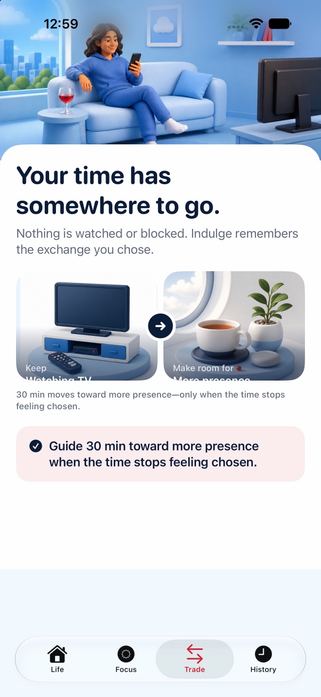 Indulge Trade screen showing an intentional time exchange