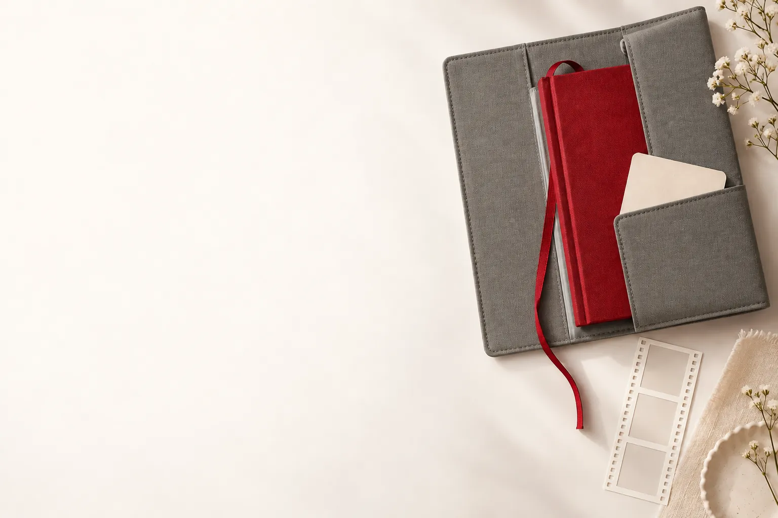 A red notebook and ribbon carried inside a larger graphite planning folio